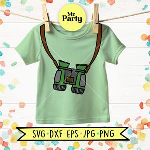 May include: A light green short-sleeve t-shirt featuring a graphic print of green and grey binoculars with a brown strap. A yellow circular tag above the shirt displays the text Mr. Party, and a yellow banner at the bottom reads SVG DXF EPS JPG PNG.