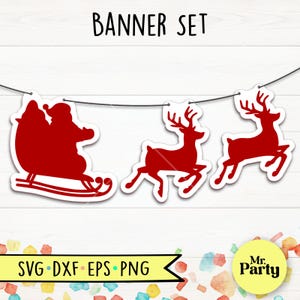 Banner di Babbo Natale svg, banner di Natale svg, renne di Babbo Natale svg, banner con slitta e renne di Babbo Natale, ghirlanda di Natale con renne, festa di Natale