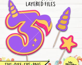 Unicorn 3rd birthday SVG, Unicorn cake topper svg, decoration Unicorn topper svg, Party svg, 3rd Birthday shirt svg, Unicorn svg, Star svg