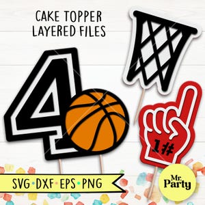 Basketbal 4e verjaardag SVG, basketbal taart topper svg, decoratie basketbal topper svg, feest, mand svg, nummer 1 svg, basketbal svg