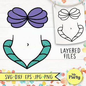 Könnte beinhalten: Digitale Illustration eines Meerjungfrauen-Oberteils und eines Muschel-BHs in Lila und Türkis. Das Bild enthält den Text "LAYERED FILES" und Dateityp-Symbole: SVG, DXF, EPS, JPG und PNG. Ein "Mr. Party"-Logo ist ebenfalls vorhanden.