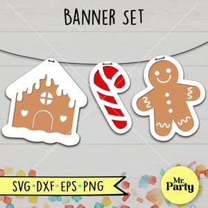Bannière de Noël svg, guirlande de bonbons SVG, guirlande de pain d'épice SVG, guirlande de Noël en papier cartonné svg, Svg de pain d'épice, fête de Noël