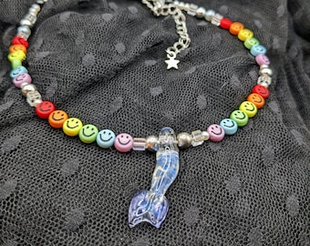 Pride Mermaid tail necklace Rainbow Smiley face 90's aesthetic