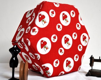 Hexagonal Sewing Box - Hand Made Fabric Covered Cartonnage - Toadstools