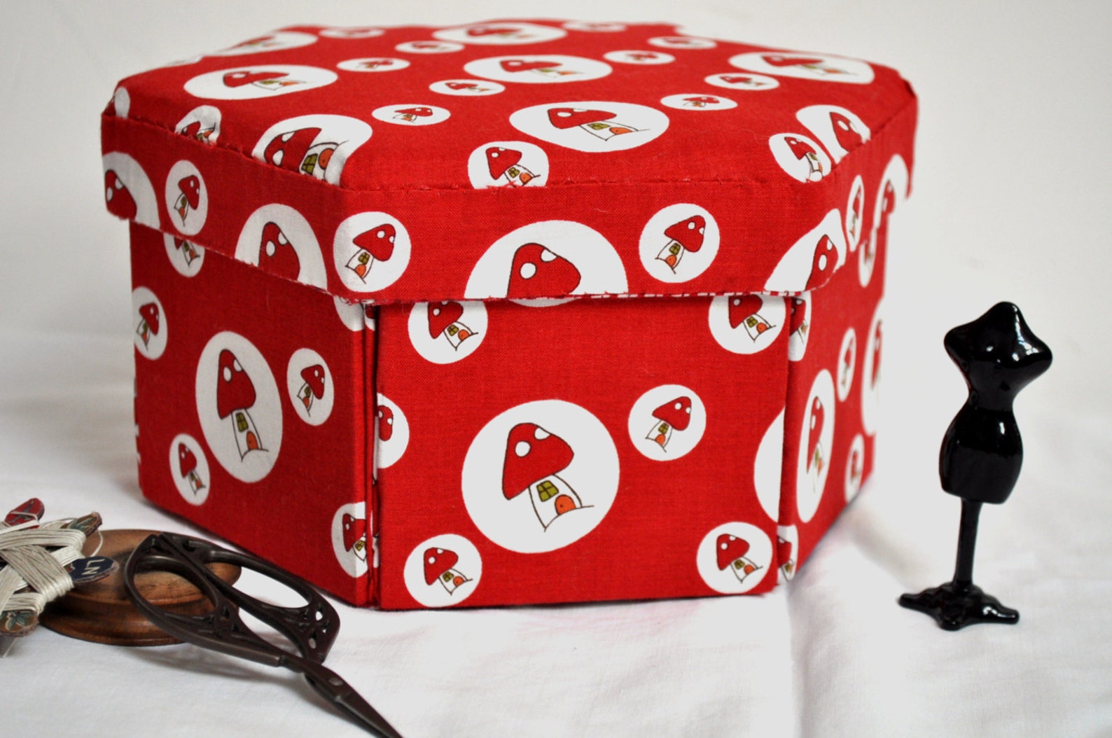 Hexagonal Sewing Box Hand Made Fabric Covered Cartonnage Toadstools Etsy