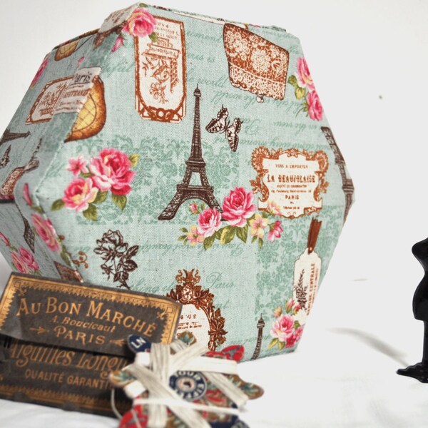 Hand Made Fabric Covered Hexagonal Sewing Box - Paris Labels - Cartonnage