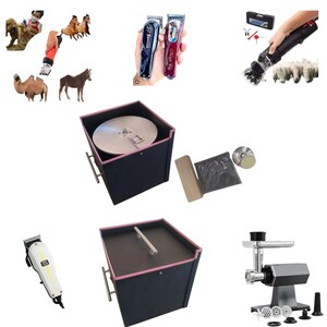 Pode incluir: Variedade de ferramentas e equipamentos para tosquia de animais. Inclui máquinas de cortar cabelo elétricas, uma máquina de afiar com um disco grande e um moedor de carne. As máquinas de cortar cabelo são pretas e vermelhas, e a máquina de afiar é preta com acabamento vermelho.
