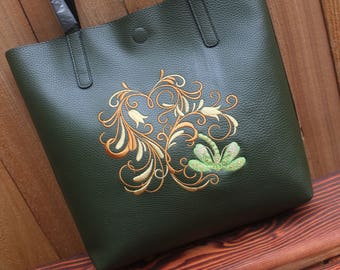 Green Dragonfly Heart Tote Bag Purse Faux Leather