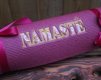 72" Namaste Yoga Mat 1/4 inch thick Magenta Pink with Yellow Embroidery