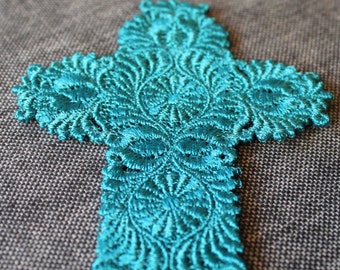 Ornate Cross Lace Bookmark Teal Blue Embroidery