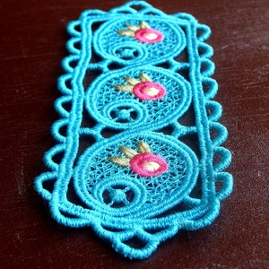 Sweet Pea Lace Bookmark Ocean Blue Cerulean Embroidery