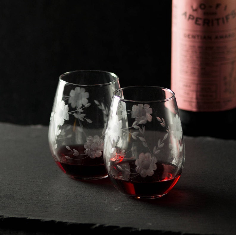 Hand Engraved Floral Stemless Wine Glasses Set of Two Glasses Flower Wine Glass Barware Engagement Gift image 1