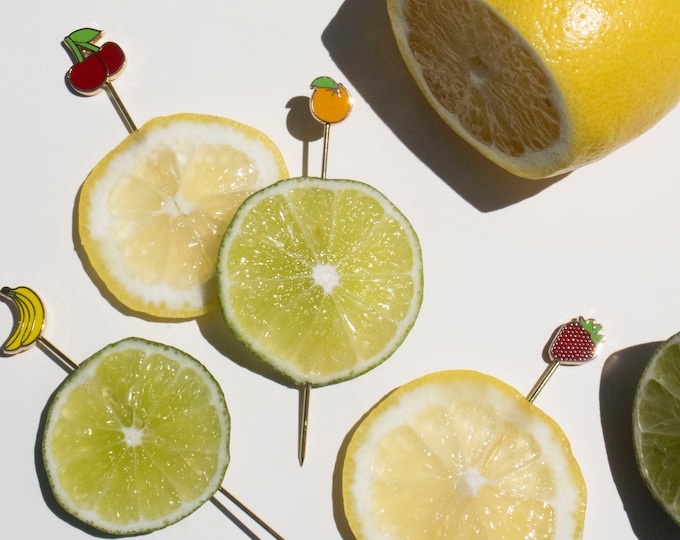 Fruit Cocktail Picks: Gold Enamel Swizzle Sticks, Set of 4