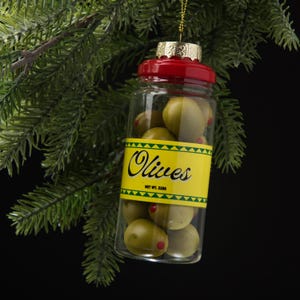 Jar of Olives Cocktail Garnish Christmas Ornament - Holiday Gift - Olive Lovers Gift - Martini Lovers Gift - Handblown Glass Decoration