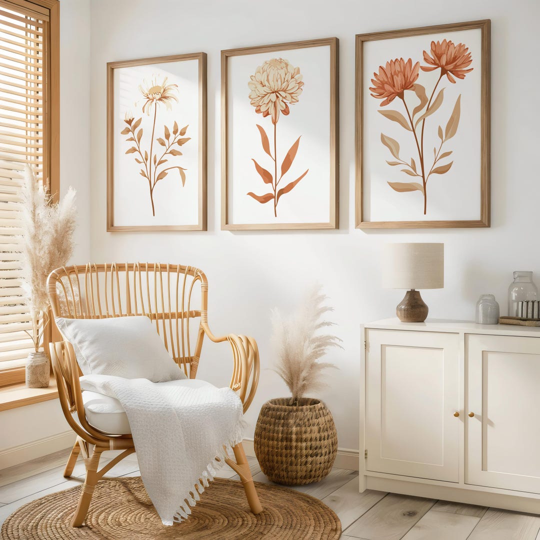 Set of 3 Boho Abstract Flower Prints Terracotta Floral Wall Art Vintage ...