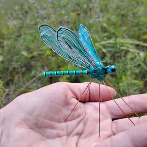 Handmade Turquoise Damselfly Ornament: Bendable Wings, Glass Eyes