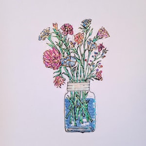 Flores rosa e azul em jarra de vidro, decalque de arte em vidro pintado à mão