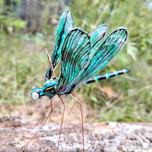Handmade Turquoise Damselfly Ornament: Bendable Wings, Glass Eyes
