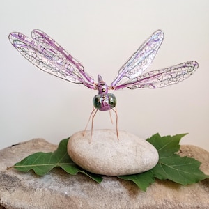 Purple luster dragonfly, hand made ornament, Glass eyes, poseable