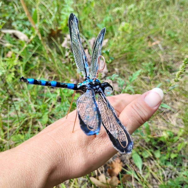 Libélula negra iridiscente, adorno pintado a mano con ojos de cristal. Hecho a mano en EE. UU.