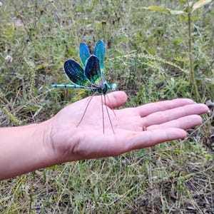 Vibrant green damselfly/ dragonfly ornament with glass eyes . indoors or outdoor,handmade in USA