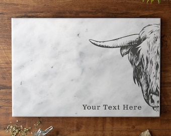Tabla de cortar de mármol macizo con diseño de vaca de las Tierras Altas personalizada Tabla de servir con impresión personalizada