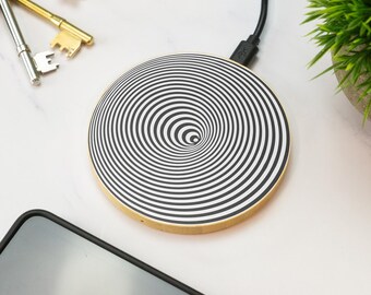 Hypnotic Spiral Illusion Wireless Phone Charger Wooden Printed Cell Phone Gift