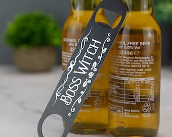 Abridor de botellas Boss Witch con hoja de acero inoxidable impresa, regalo de cerveza