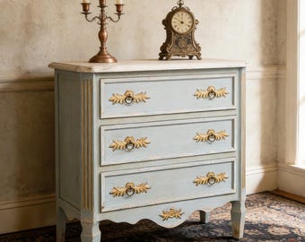 French Style Wooden Three Drawer Storage Cabinet Hand Carved Gold & Blue Cabinet Bedroom Cabinet Wood Storage Furniture Home Decor