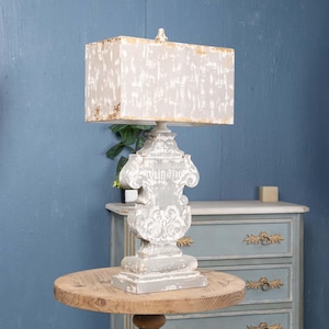 French Antique Table Lamp Rustic Table Lamp with Gray Distressed Lampshade Wooden Base Table Lamp Home Decor Farmhouse Decor