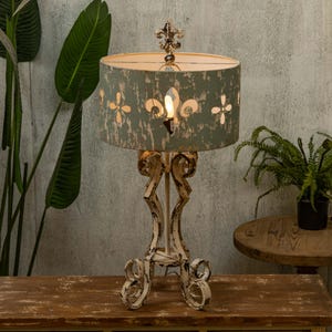 Distressed Iron Table Lamp Beige Floral Decorative Table Lamp Hollow Lampshade Table Lamp Farmhouse Table Lamp Rustic Home Lighting