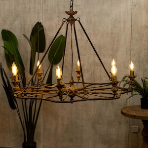 Vintage Wrought Iron Chandelier Eight-Lamp Chandelier Wheel Chandelier Unique Lighting - Suitable for Dining Room and Living Room