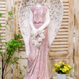 Vintage Holy Angel, Tall Gypsum Statue, Dreamy Pink Angel Statue, Catholic Gift, Christian Home Decor, Easter Gift for Mom.