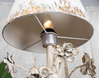 Antique Finish Floral Table Lamp Beige Distressed Table Lamp France Table Lamp Old Style Lampshade Light Bedside Lamp Rustic Home Decor