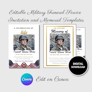 Invitation aux funérailles avec photo militaire drapeau commémoratif, carte du souvenir service patriotique, service militaire commémoratif, cérémonie du souvenir.