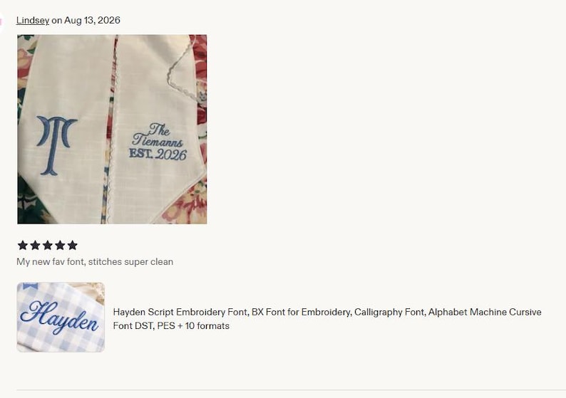May include: A white fabric item featuring blue machine embroidery. The left side displays a large letter T monogram, while the right side shows the text The Tiemanns EST. 2026. A separate smaller image shows the blue embroidered name Hayden on blue gingham.