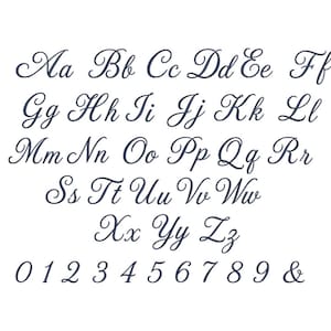 May include: A complete set of dark gray uppercase and lowercase letters from A to Z, along with numbers 0 through 9 and an ampersand symbol. Each character is rendered in a flowing, cursive script font style against a plain white background.