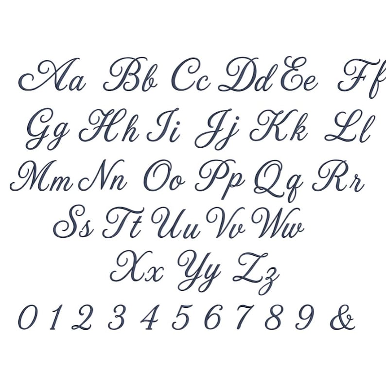 May include: A complete set of dark gray uppercase and lowercase letters from A to Z, along with numbers 0 through 9 and an ampersand symbol. Each character is rendered in a flowing, cursive script font style against a plain white background.