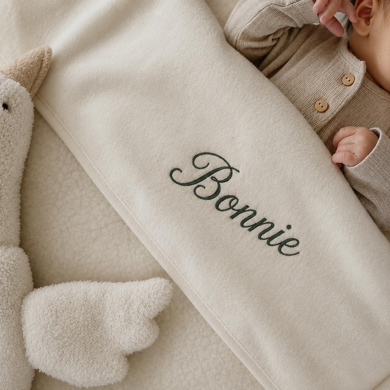May include: A soft, cream-colored fleece blanket featuring the name Bonnie embroidered in dark green cursive script. The blanket is positioned next to a plush, textured cream-colored toy with a wing-like shape and a ribbed beige long-sleeve shirt.