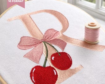 Cherry Bow Alphabet – Cute Pink Embroidery Font, Monogram Alphabet with Bow , A-Z,  5 Sizes, dst, des, exp, jef, vp3, instant download
