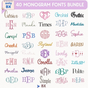 May include: A digital graphic showcasing 40 monogram fonts in various styles. The fonts include cursive, serif, and decorative options, with examples of letter combinations. The text "40 MONOGRAM FONTS BUNDLE" is displayed at the top.