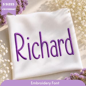 May include: A white fabric square featuring the name Richard embroidered in purple thread using a rounded script font. A purple banner in the top left corner displays the text 5 SIZES +10 FORMAT, and a purple banner at the bottom reads Embroidery Font.