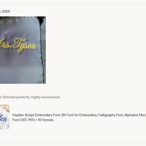 May include: A dark gray fabric surface featuring the yellow embroidered text Mrs. Tyson in a cursive script font. Below this, a smaller image displays the blue embroidered name Hayden on a light blue and white checkered fabric background.