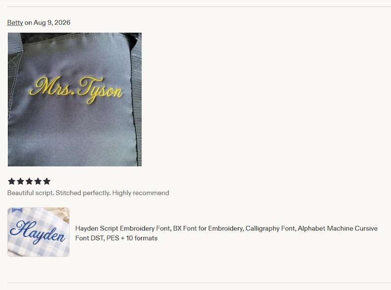 May include: A dark gray fabric surface featuring the yellow embroidered text Mrs. Tyson in a cursive script font. Below this, a smaller image displays the blue embroidered name Hayden on a light blue and white checkered fabric background.