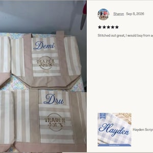 May include: Four beige and white striped canvas tote bags, each featuring the embroidered text Trader Joe's and a unique name in blue script: Jordyn, Demi, Makenzie, and Dru. The bags have sturdy handles and a rectangular structure.