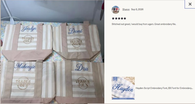 May include: Four beige and white striped canvas tote bags, each featuring the embroidered text Trader Joe's and a unique name in blue script: Jordyn, Demi, Makenzie, and Dru. The bags have sturdy handles and a rectangular structure.