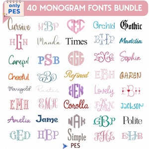 May include: A pink banner displays "40 MONOGRAM FONTS BUNDLE" above a grid of monogram fonts. The fonts vary in style, including cursive, serif, and decorative designs. Each font showcases three letters, with examples in various colors.