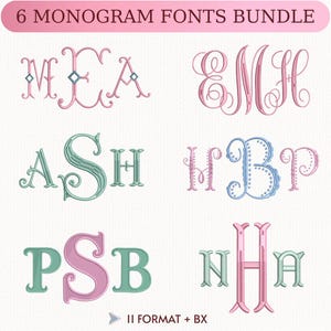 Fishtail Satin Stitch Monogram Embroidery Fonts Bundle, 6 Alphabet Bundle Designs, BX + 11 Formats, Classic Monogram Font, Instant Download