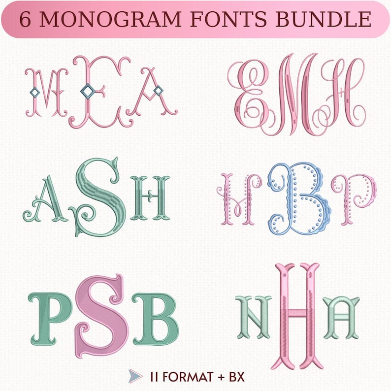 Fishtail Satin Stitch Monogram Embroidery Fonts Bundle, 6 Alphabet ...