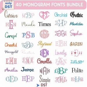 May include: A pink and white graphic with the text "40 MONOGRAM FONTS BUNDLE." The image displays a variety of monogram fonts in different styles, including cursive, serif, and decorative designs. Each font showcases a set of three initials.